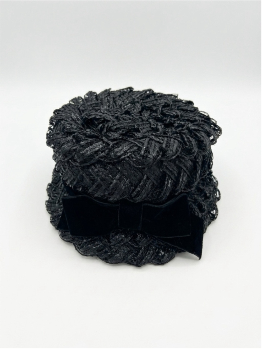 Vintage 50s Black Braided Straw Hat with Velvet Bow - Picture 2 of 5